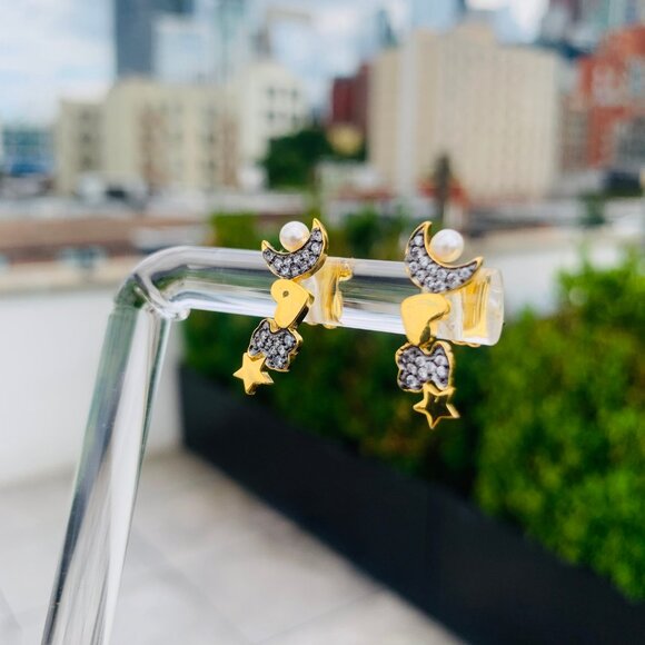 TOUS 4-shapes Cluster Mini Pearl Bear Moon Star Heart Pin Gold Black Earrings - Picture 8 of 15